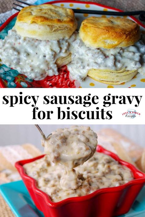 Dinner Biscuit, Biscuits And Sausage Gravy, Biscuits And Sausage, Sausage Gravy And Biscuits, Sausage Gravy Recipe, Homemade Buttermilk Biscuits, Crockpot Breakfast, Comfort Food Southern, Spicy Sausage