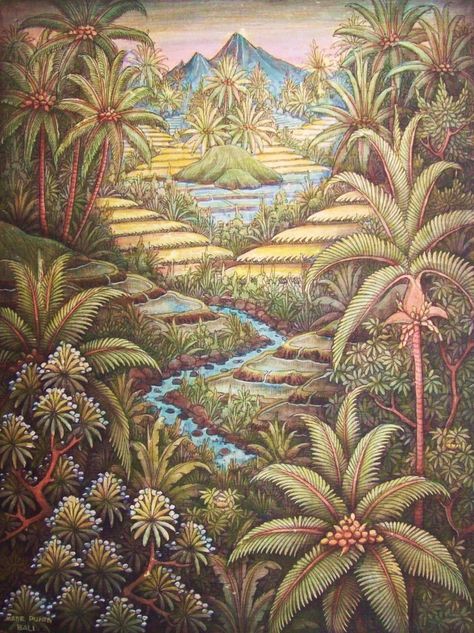 Ida Bagus Made ? Balinese Landscape, Balinese Painting, Bali Painting, Bali Art, Bali Surf, Bali Lombok, Nature Collage, Tropical Painting, South Asian Art