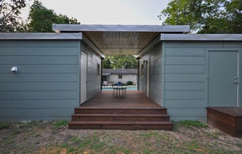 I've thought that putting two tiny houses together with a  breeze way would solve so many problems and see...someone did it!  Like these designs and layouts.  kango-studio-tiny-houses Two Sheds Connected, Two Houses Connected, House Alternatives, Humble Living, Tiny Pool, Pre Fab Tiny House, Shed Tiny House, Modern Shed, Backyard Studio