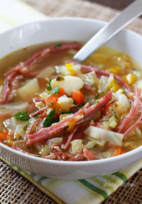 Corned Beef and Cabbage Soup | Skinnytaste International Soups, Corned Beef And Cabbage Soup, Beef And Cabbage Soup, Corn Beef And Cabbage Soup, Groceries Budget, Corn Beef, Corned Beef And Cabbage, Corned Beef Brisket, Beef And Cabbage