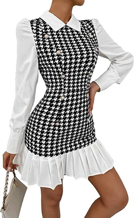 Upcoming Fashion Trends, Bodycon Outfits, Houndstooth Dress, Knitted Bodycon Dress, Stylish Work Outfits, Quality Dresses, Polka Dress, Long Puff Sleeves, Women Long Dresses