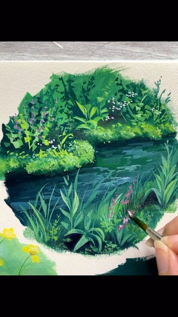 Gouache Foliage, Gouache On Black Paper, Gouache Illustrations Landscape, Gouache Plants, Gouache Art Simple, Ruth Wilshaw, Guache Art, Gouache Painting Ideas, Lake Illustration