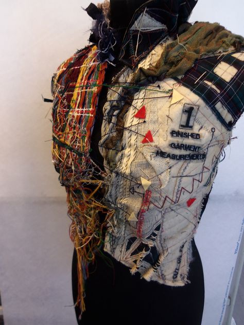 Unit 3 Outcome- Ella Osbourne. South Craven School A-Level Textiles Recycled Textiles Fashion, Upcycling Textiles Ideas, Distortion Textiles, Punk Textiles, A Level Textiles, A Level, Upcycled Textiles, Make Do And Mend, Body Adornment