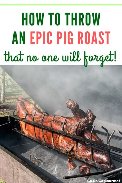 If you've ever wanted to roast a pig at home, check out all of my tips and tricks for How to Throw an Epic Pig Roast party that no one will forget! I share my entire menu, including side dishes and even decorations! #ad #ohpork #gogogogourmet #pigroast #bestpigroastrecipes #pigroastdecorations #pigroastrecipes Diy Pig Roasting Pit, Whole Hog Roast, Hog Roast Party, Whole Pig Roast Recipes, How To Roast A Pig On A Spit, Whole Hog Bbq Pig Roast, Pig Roast Party Food Side Dishes, Roast Pig Whole, Pig Roast Party Ideas