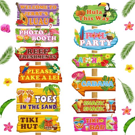 PRICES MAY VARY. Luau Party Supplies: there are 24 pieces of luau party signs in 12 styles, 2 pieces per style, coming with 4 sheets of alphabet stickers for DIY your name, ample quantity can meet your decoration needs; Please note that wooden holder is not included Reliable Quality: the Hawaiian party decorations are made of quality thick cardboard, adopted single side printing, not easy to break or fade, can be applied for a long time; Due to the material, they are not suitable for outdoor use Diy Luau Party Decorations, Hawaiian Signs, Tropical Paradise Theme, Summer Luau Party, Hawaiian Decorations, Fundraiser Themes, Hawaiian Luau Party Decorations, Margaritaville Party, Pineapple Pictures