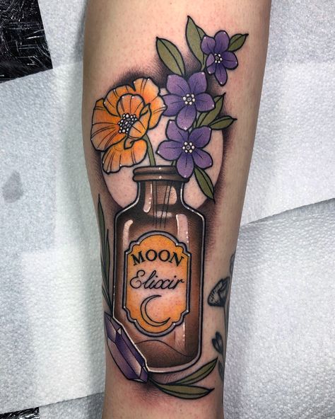 Neotraditional bottle, flowers and crystal Selina C Tattoo Potion Bottle Tattoo, Halloween Tattoo Ideas, Bottle Flowers, Imprimibles Halloween, Bottle Tattoo, C Tattoo, Witch Tattoo, Spooky Tattoos, Halloween Tattoo