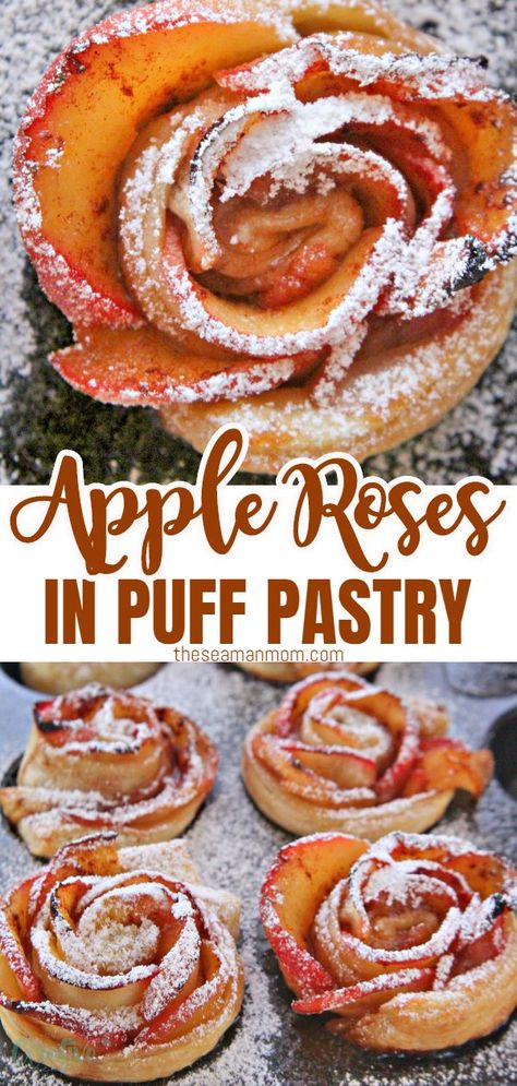 These gorgeous mini apple rose tarts are the bomb! Super eye catching, this apple roses recipe is probably one of the easiest recipes you'll ever make! Pastry Apple Recipes, Puff Pastry Apple Roses, Apple Roses Puff Pastry, Apple Roses Recipe, Apple Rose Pastry, Recipes Pastry, Apple Rose Tart, Puff Pastry Apple, Apple Pastry