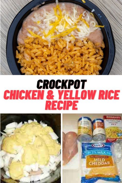 Crockpot Chicken and Yellow Rice Recipe #Crockpot #CrockpotRecipe #ChickenandYellowRice #Recipes Crockpot Chicken And Yellow Rice Recipes, Chicken And Yellow Rice Crockpot, Yellow Rice And Chicken, Chicken And Yellow Rice Recipe, Chicken And Rice Crockpot, Crockpot Veggies, Yellow Rice Recipe, Chicken And Yellow Rice, Yellow Rice Recipes