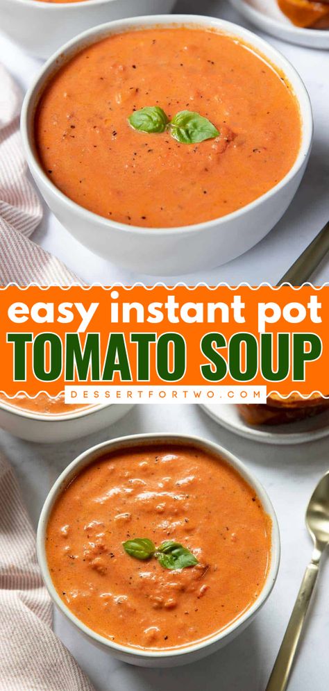 This warm dinner recipe in the pressure cooker lets you have a hearty soup with canned tomatoes! Creamy and bursting with fresh flavor, this Instant Pot Tomato Soup just hits the spot. Save this fall comfort food idea! Instant Pot Mini Recipes, Instant Pot Tomato Soup, Mini Recipes, Easy Healthy Soup, Homemade Comfort Food, Winter Soup Recipe, Easy Meals For Two, Creamy Tomato Soup, Soup Dinner