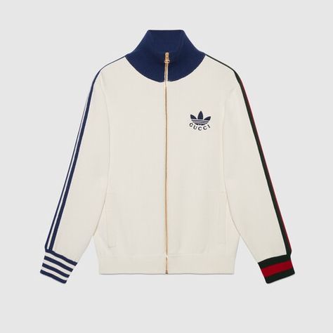 adidas x Gucci viscose zip-up jacket in white | GUCCI® US Football Mom Outfit, Lacoste Tracksuit, London Clothes, Adidas X Gucci, Cold Jacket, Adidas Gucci, Mens Designer Sweaters, Cardigans For Men, Streetwear Tshirt Design