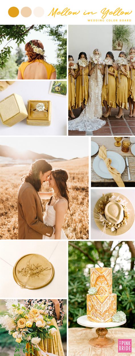 Golden Yellow Wedding Color Board | Golden Yellow Wedding Inspiration | Spicy Mustard Color Board | The Pink Bride® www.thepinkbride.com Wedding Motif Color, Yellow Wedding Colors, Wedding Motif, Yellow Wedding Inspiration, Yellow Wedding Theme, Wedding Color Combinations, Mellow Colors, Wedding Motifs, Color Board