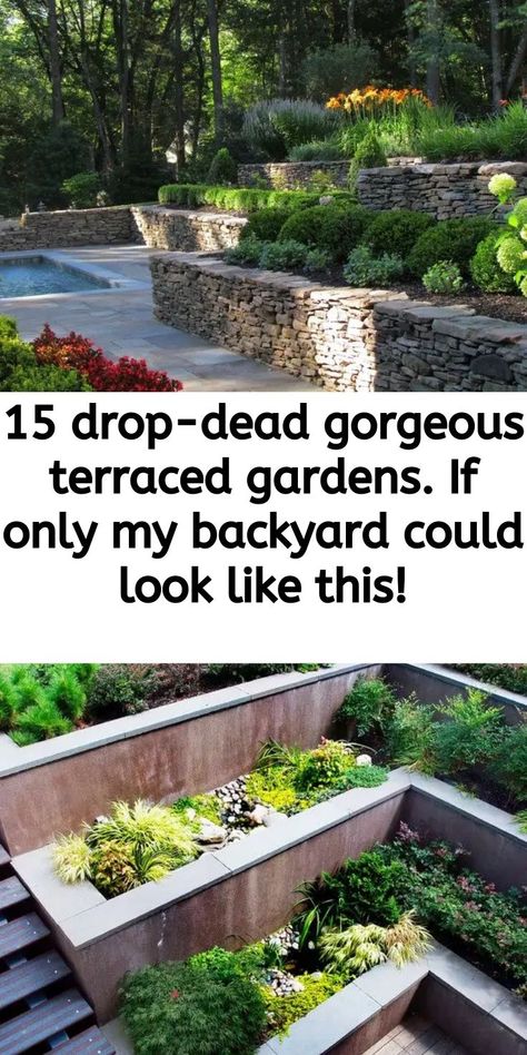 15 drop-dead gorgeous terraced gardens. If only my backyard could look like this! Stair Garden, Terraced House Garden, Tiered Landscape, Terraced Gardens, Sloped Backyard Landscaping, Terraced Landscaping, Terraced Backyard, Terrace Garden Ideas, Hillside Garden