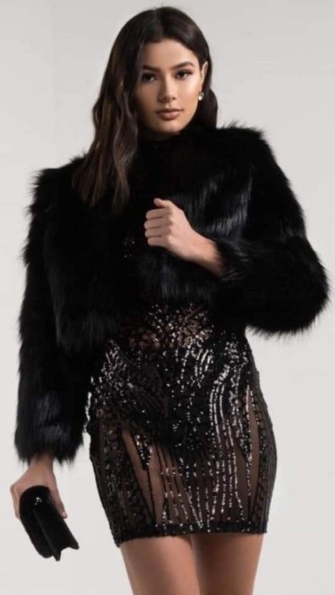 Dress With Fur Coat, Akira Fashion, Faux Fur Jacket Outfit, Faux Fur Coats Outfit, Fur Jacket Outfit, Cropped Fur Jacket, Black Fur Jacket, Fur Coat Outfit, Black Fur Coat