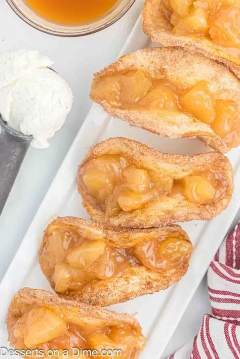 Apple Pie Tacos - Desserts On A Dime Cinnamon Sugar Tortilla, Tortilla Dessert, Apple Pie Tacos, Cinnamon Sugar Tortillas, Dessert Apple, Whipped Cream Desserts, Dessert Taco, Apple Desserts Easy, Cinnamon Tortillas