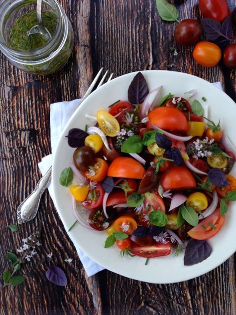 Tomato and Basil Salad with Chive Vinaigrette Recipe Salad Recipes Tomato, Scallop Ceviche Recipe, Chive Vinaigrette, Farmers Market Salad, Tomato And Basil Salad, Market Salad, Tomato Basil Salad, Whole30 Lunch, Purple Basil