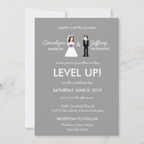 $3.08 | Nerdy 8-Bit Bride & Groom Wedding Invitation #nerdy, wedding, 8-bit, gamer, geeky, offbeat, unique, nerd, geek, simple, purple, quirky, fun, bride, groom Gaming Wedding Invitations, Gamer Wedding Invitations, Lego Wedding, Gamer Wedding, Nerdy Wedding, Forever Wedding, Wedding Anniversary Invitations, Digital Wedding Invitations, Indian Wedding Invitations