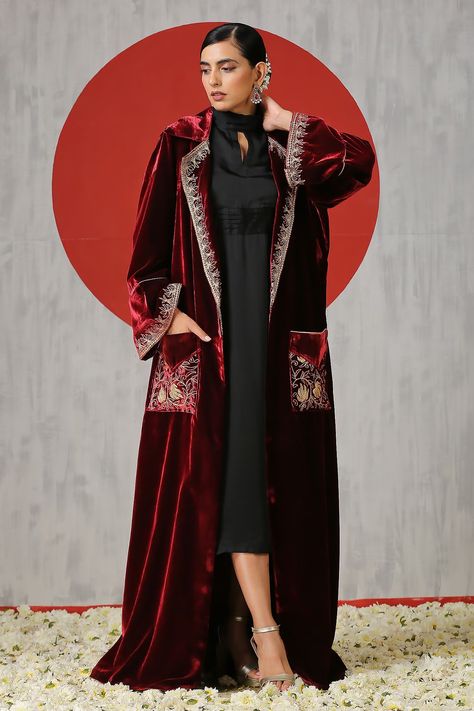 Buy Wazir C Black Silk Turtle Neck Dress With Velvet Embroidered Jacket Online | Aza Fashions Velvet Jacket Women, Velvet Kaftan, Groovy Clothes, Embroidery Coat, Kaftan For Women, Ritu Kumar, Kimono Coat, Long Coat Women, Fashion Design Dress