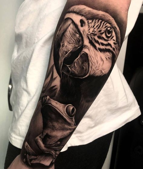 Realistic Animal Tattoos, Realism Tattoo Ideas, Dragon Tattoo Arm, Jungle Tattoo, Animal Tattoos For Men, Parrot Tattoo, Monkey Tattoo, Animal Sleeve Tattoo, Catrina Tattoo