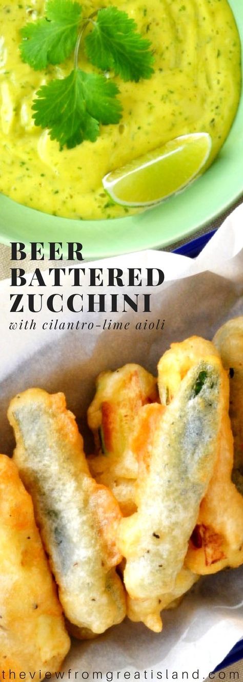 Beer Battered Zucchini with Lime Cilantro Aioli ~ what's not to love about this crispy fried zucchini and zesty dip?  This is going to the favorite appetizer at your next party, guaranteed! #beerbatter #zucchini #friedzucchini #appetizer #aioli #appetizerrecipe # Battered Fried Zucchini, Zucchini Fries Fried, Battered Zucchini Fries, Fried Zucchini Batter Recipe, Fried Zucchini Planks, Batter For Fried Zucchini, Deep Fried Zucchini Batter, Beer Batter Zucchini, Deep Fried Zucchini Sticks