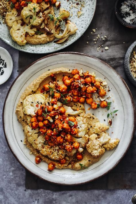 Harissa Chickpeas, Vegan Dinner Party, Roast Cauliflower, Baba Ganoush, Cauliflower Recipes, Roasted Cauliflower, Vegan Dishes, Vegan Dinners, Chickpeas