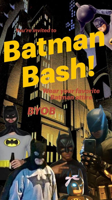 Batman themed funny party invitation reading “you’re invited to Batman Bash!” Funny Batman, Batman Halloween, Halloween Invitation, Batman Funny, Halloween Invitations, Youre Invited, Halloween Party, Batman, Collage