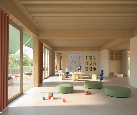 images | lens_editorX Childcare Rooms, Kindergarten Interior, Preschool Designs, Circular Buildings, Daycare Design, Kids Cafe, Kindergarten Design, Classroom Layout, Daycare Center