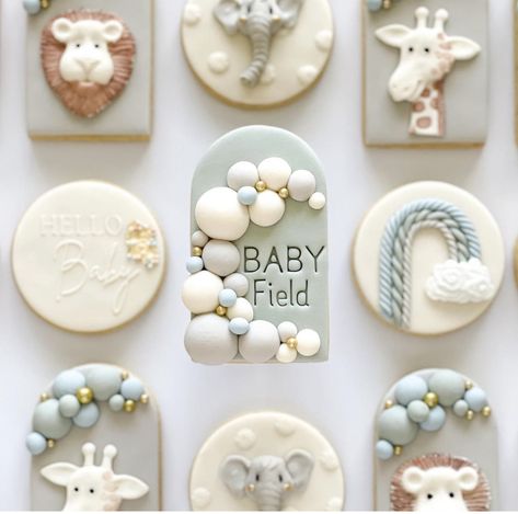 Baby Cookies Decorated, Baby Shower Biscuits, Birthday Biscuits, Safari Cookies, Noahs Ark Baby Shower, Baby Shower Sweets, Safari Cakes, Royal Iced Cookies, Fondant Cookies