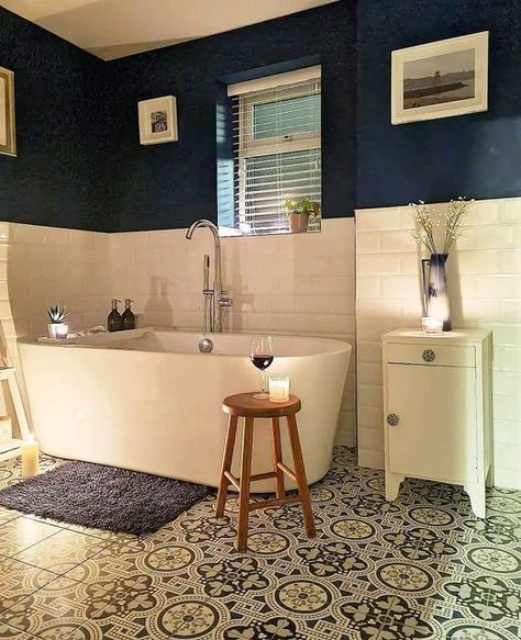 Elizabeth on Instagram: "Sunday evening. 🍷🕯️ . . . #victorianterrace #victorianhouse #myhome #periodhome #stillsunday #victorianhome #victorianrenovation #bluebathroom #freestandingbath #metrotiles #milkingstool #autumn #autumnvibes#mynortheasthome #homedecor #homesweethome #renovation #bathroom #homedecor #homeinspo #interiormixtape #interiors #interiortrends #houserenovation #bathroomdesign #bathroomremodel" Victorian Renovation, Corner Bath, Milking Stool, Bathroom Design Trends, Freestanding Bath, Sunday Evening, Victorian Terrace, Blue Bathroom, Transformation Tuesday