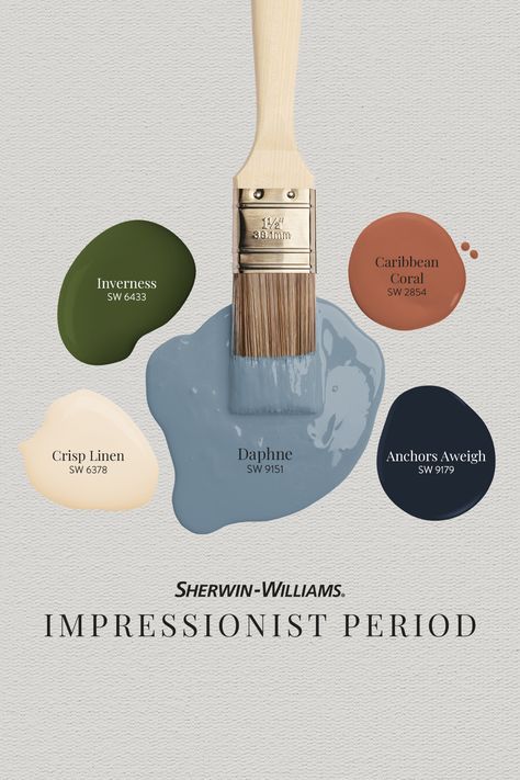 Celebrate the dappled light and distinctive colors of Impressionist-era artists with help from this Sherwin-Williams paint palette. Tap this pin to order free color chip samples, then stop by your neighborhood store to get your project started.

#SherwinWilliams #DIY #InteriorDesign #Color #Inspiration #Paint #HomeImprovement #ColorPalette #PaintColorPalette #ArtistPalette Sockeye Sherwin Williams, Exercise Room Paint Colors, Coffee Shop Paint Colors, Impressionist Color Palette, Eclectic Home Color Palette, Boys Room Color Palette, Split Wall Paint Color Schemes, Antique Paint Colors, Paint Colors For Office