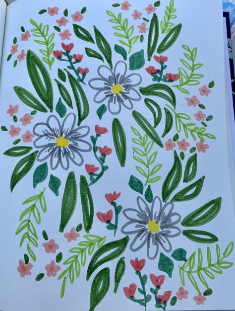 Flowers Drawing With Markers, Doodles On Paintings, Flower Drawings With Markers, How To Draw Pretty Flowers, Floral Marker Art, Flower Posca Art, Cool Drawings With Markers, Drawings With Color Markers, Flower Drawing Collage