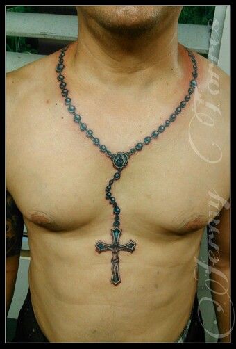 Rosary Chest Necklace Tattoo, Cross Necklace Tattoo, Rosary Bead Tattoo, Simple Cross Tattoo, Rosary Tattoo, Small Chest Tattoos, Necklace Tattoo, Cross Tattoo For Men, Cross Tattoo Designs