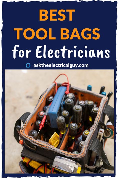 open top tool bag stuffed with electrician tools. Pockets around the outside of the bag filled with tools. Best Tool Bag, Electrician Humor, Tool Bag Organization, Electrician Tool Bag, Home Electrical Wiring, Tool Tote, Electrician Tools, House Wiring, Diy Electrical