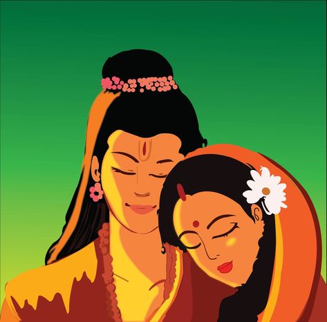 Illustration of Lord Ram and Sita ji Ram Sita Image Drawing, Ram Sita Cartoon Drawing, Sita Ram Cartoon Images, Ram Ji Sita Ji Drawing, Ram Seeta Rangoli Designs, Ram Ji Painting Easy, Ram Sita Painting Easy, Shree Ram Aesthetic Wallpaper, Ram And Sita Wallpaper