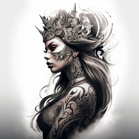 custom tattoo design , full sleeve tattoo design artist Tattoo Female Portrait, Portrait Tattoo Placement, Viking Female Warrior Tattoo, Design A Tattoo, Half Sleeve Design, Female Warrior Tattoo, Tattoo Designer, Add Background, Mystical Tattoos