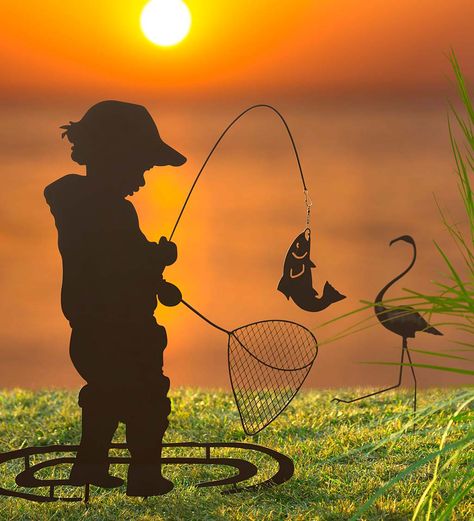 Boy Fishing Silhouette Metal Garden Stake Fishing Silhouette, Boys Garden, Garden Memorial, Bait Shop, Fish Silhouette, Yard Sculptures, Decorative Garden Stakes, Boy Fishing, Metal Yard Art