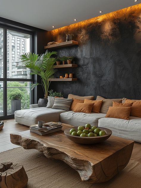 Dark Rustic Modern Interior Design, Modern Industrial Accent Wall, Peaceful Living Room Ideas, Dark Wood Aesthetic Living Room, Men’s Modern Living Room, Organic Morden Home Decor, Modern Men’s Living Room, Small Moody Living Room, Black And Wood Living Room