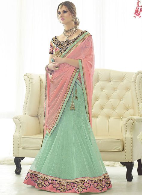 Sea Green Net A Line Lehenga Choli A Line Lehenga, Green Lehenga Choli, Net Lehenga Choli, Lehenga Choli Wedding, Party Wear Lehenga Choli, Indian Designer Sarees, Bollywood Lehenga, Green Lehenga, Lehenga Online