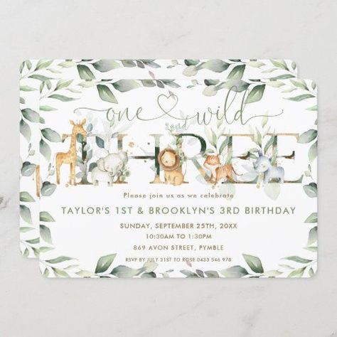 $ 3.04 | Jungle Animals Greenery Joint 1st and 3rd Birthday #watercolour sage green leaves #gender neutral boy girl #lion tiger elephant giraffe rhinoceros #greenery african safari forest #jungle animals 3rd birthday invitation #first and third birthday party #one wild and three invite #cute adorable siblings 1st birthday #joint sisters brothers party #pastel sweet soft whimsical chic Wild And Three Invitation, 3rd Birthday Invitation, Sibling Birthday Parties, Sage Green Leaves, Wild One Birthday Invitations, Baby Birthday Decorations, Third Birthday Party, Safari Birthday, Lion Tiger