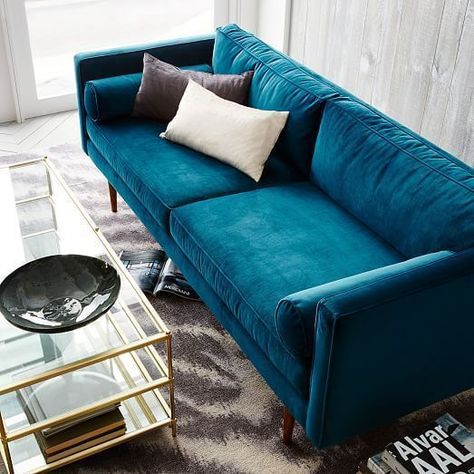 Sofa Arrangement, Blue Couch, Blue Velvet Sofa, Sofa Ideas, Blue Couches, Color Interior, Mid Century Sofa, Trendy Living Rooms, Salon Interior Design