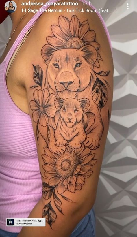 Tattoo For My Son, Female Lion Tattoo, Motherhood Tattoos, Underboob Tattoo Designs, Floral Thigh Tattoos, Feminine Tattoo Sleeves, Hand Tattoos For Girls, Lion Head Tattoos, Saved Tattoo