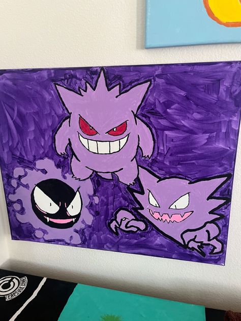 Gengar Pokemon Painting, Pokemon Canvas Painting Easy, Gengar Painting Canvas, Pokémon Painting Ideas, Pokemon Painting Ideas, Gengar Painting, Cool Cartoon Paintings, Pokémon Canvas, Skatepark Ashtray