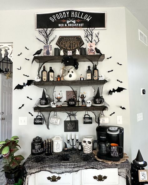 Halloween coffee bar #halloween #halloweendecor #hallwayinspo #halloweendisplay #bathandbodyworks #homegoodsfinds #tjmaxx #tjmaxxfinds #marshallsfinds #marshalls #targetstyle #targethome #targetdollarspot #michaels #dollartree #dollartreefinds #fivebelow #fivebelowfinds #spookyseason #spooky #spookyscaryskeletons #spookyseason👻 #halloweenhome #coffee #coffeebar #coffeestation #seasonofthewitch #raedunn #johannaparkerhalloween Halloween Coffee Station, Witchy Aesthetic Decor, Holiday Coffee Bar, Halloween Coffee Bar, Goth House, Goth Houses, Spooky Coffee, Fall Party Decorations, Halloween Bar