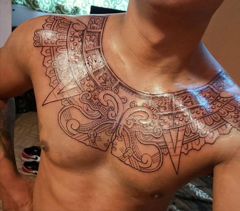 Guy Tattoos, Trible Tattoos, Chest Tattoo Stencils, Aztec Warrior Tattoo, Azteca Tattoo, Dragon Head Tattoo, Lion Art Tattoo, Mayan Tattoos, Animal Sleeve Tattoo