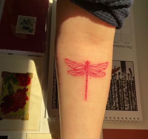 Line Work Dragonfly Tattoo, Red Line Work Tattoo, Red Dragonfly Tattoo, Red Dragonfly, Body Decoration, Quilling Work, Red Ink Tattoos, Hand Tattoos For Women, Red Tattoos