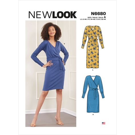 Misses Knit Dress New Look Sewing Pattern 6680. Size 6-18. New Look Patterns, New Look Dresses, Mock Wrap Dress, Wrap Dress Pattern, Stretch Knit Dress, Knit Wrap Dress, Couture Mode, Womens Knit Dresses, Miss Dress