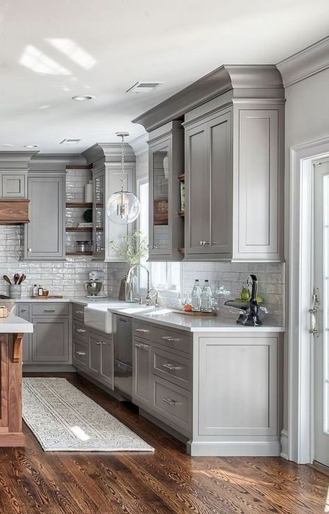 Luxury Farmhouse Kitchen, Kitchen Renovation Cost, Gray Cabinets, Farmhouse Kitchen Design, New Kitchen Cabinets, Grey Kitchen, Trendy Kitchen, Counter Tops, Kitchen Remodel Idea