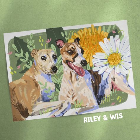 Riley & Wis! This was my first digital portrait using my lovely new tablet. I really enjoyed working on this - I played around with composition and scale a lot, and I am very happy with how it turned out 💚 When I posted my process video of this, I got a lot of 🧌 commenting mean things and trying to bring me down. It's hard not to let it get to you, to be honest... But in the end, the customer was happy, and I learned some new skills, so I counted this one as a win 🥰 #whippet #whippetart #lu... Whippet Greyhound, Greyhound Art, Animal Illustration Art, Bring Me Down, Custom Pet Art, Animal Portraits Art, Animal Drawing, New Skills, Animal Painting