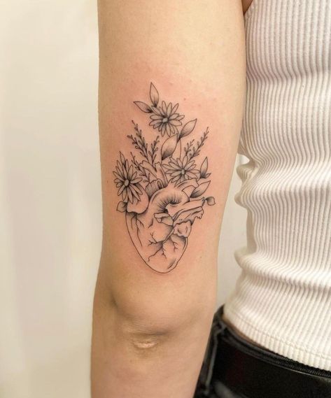 Tattoo Of Heart With Flowers, Earth And Flower Tattoo, Human Heart And Flowers Tattoo, Heart And Birth Flower Tattoo, Realistic Heart With Flowers Tattoo, Flowers Coming Out Of Heart Tattoo, Atomical Heart Tattoos With Flowers, Heart With Vines Tattoo, Heart With Flowers Coming Out Tattoo