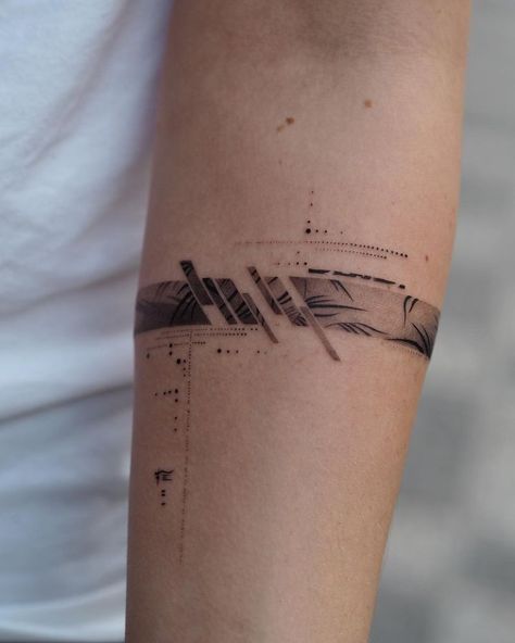 Live In The Moment Tattoo, Arm Cover Up Tattoos, Stripe Tattoo, Abstract Art Tattoo, Simple Arm Tattoos, Simple Tattoos For Guys, Leaves Abstract, Armband Tattoo Design, Music Tattoo Designs