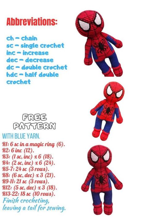 Free Spiderman Amigurumi Pattern: Weave Your Own Web-Slinging Hero! Spiderman Crochet, Batman Amigurumi, Free Amigurumi Crochet Patterns, Crochet Toys Free Patterns, Crochet Doll Tutorial, Puppet Patterns, Easy Crochet Animals, Crochet Disney, Crochet Dolls Free Patterns